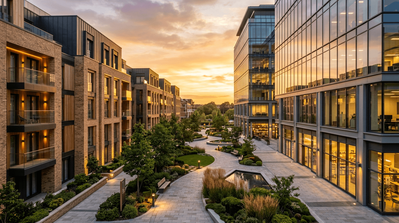 Shaping spaces, enriching lives — contemporary mixed-use development with warm natural light