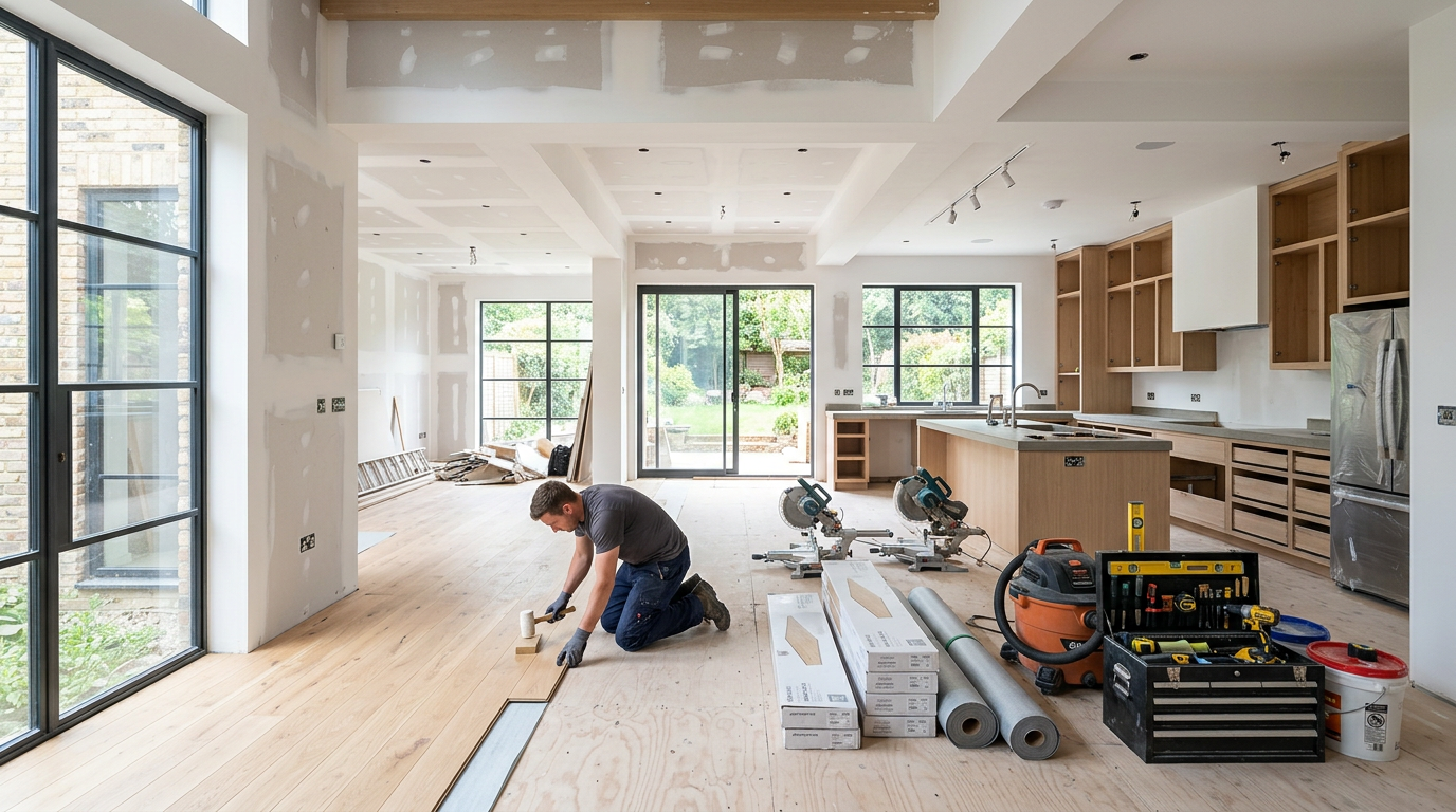 Construction professionals reviewing plans on a modern development site